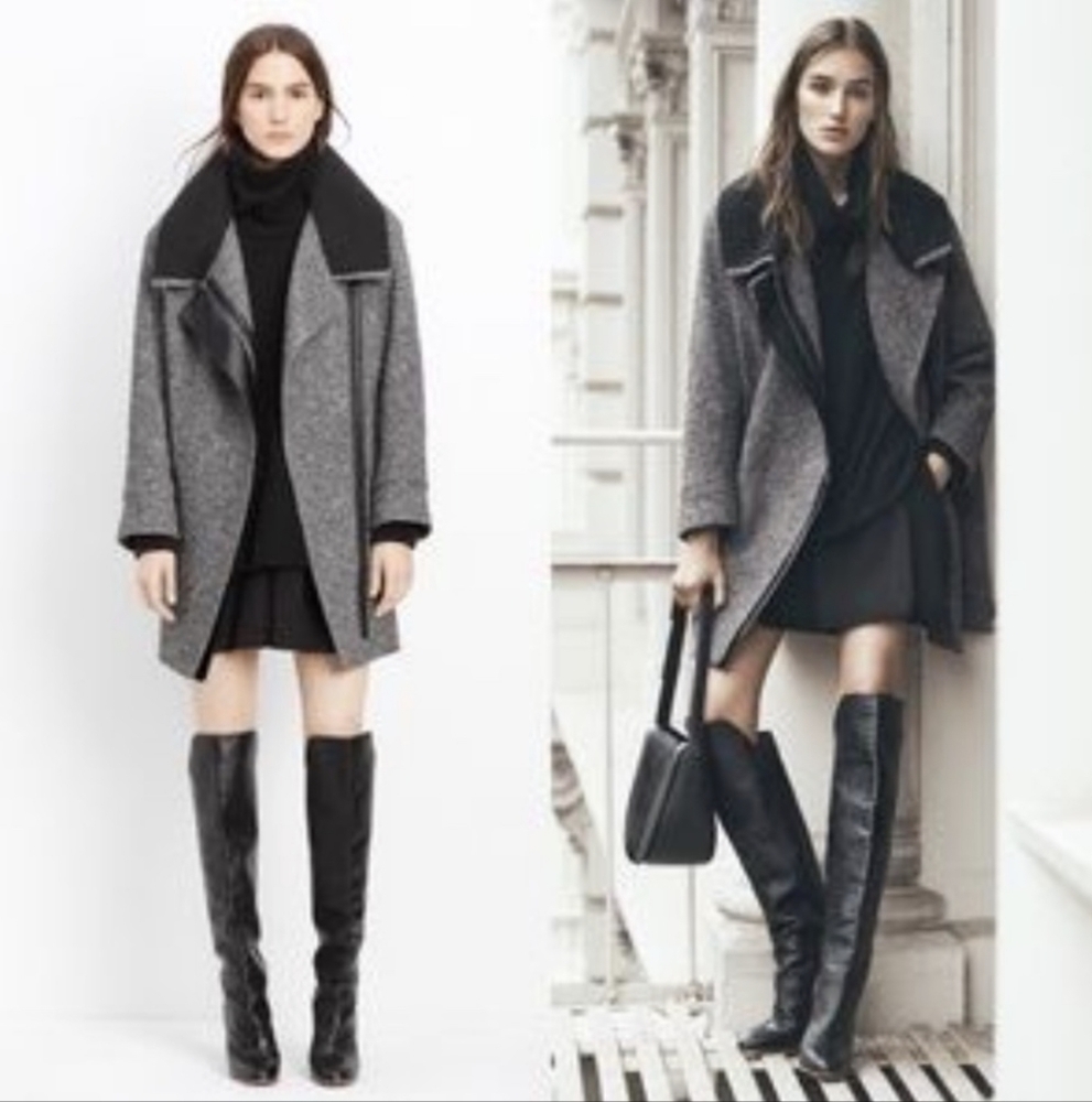 VINCE Black White Tweed Shawl Collar Asymmetric Zip Coat Ribbed Leather Size S